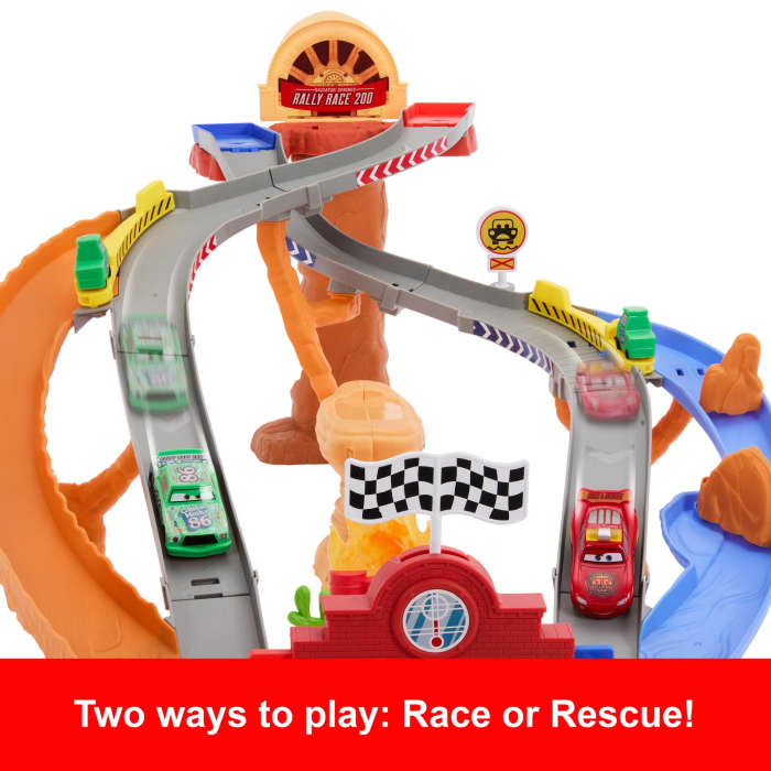 Hot Wheels Disney And Pixar Cars Radiator Springs Race & Rescue Rescue Road Raceway Playset With 4 Toy Cars