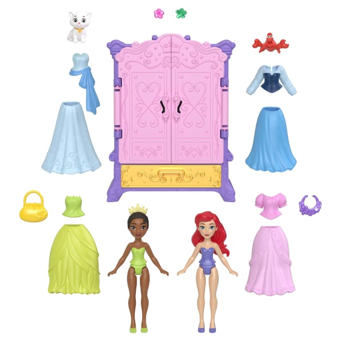 Hot Wheels Disney Princess Royal Wardrobe Set With Ariel & Tiana Small Dolls 4 Fashions 2 Animals & 4 Accy