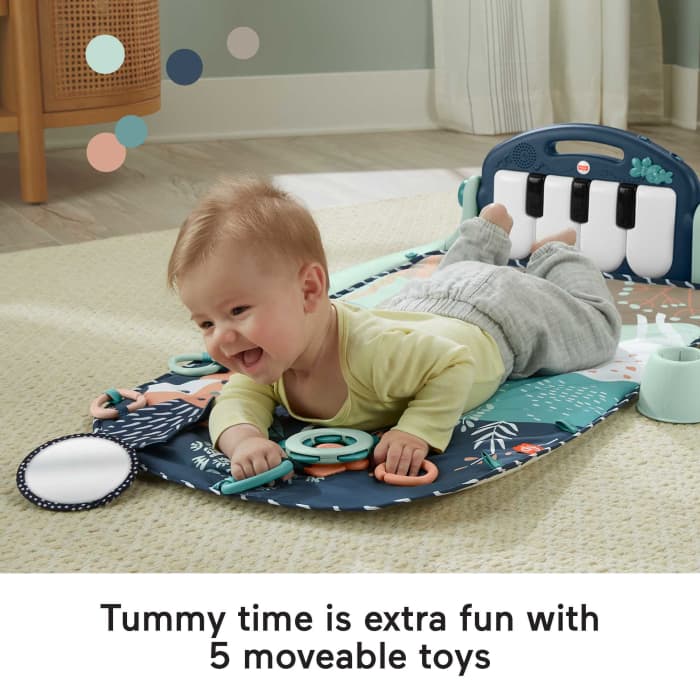 Hot Wheels Fisher-Price Baby Gym Playmat With Kick & Play Piano And Tummy Time Toys Navy Fawn