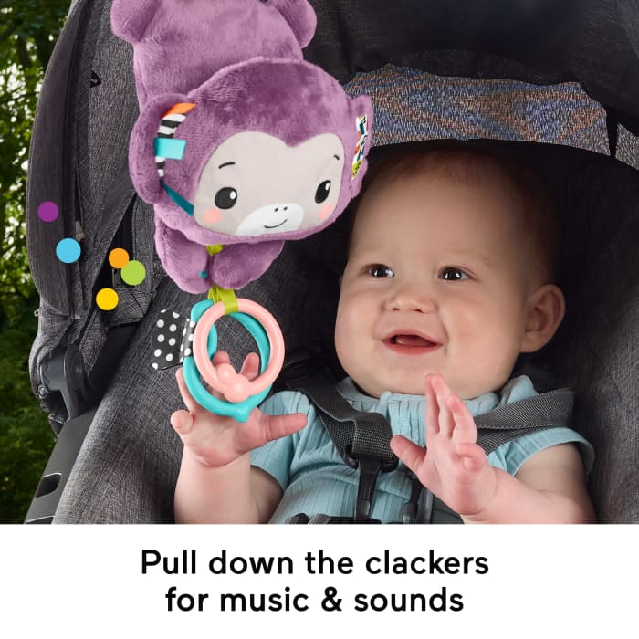 Hot Wheels Fisher-Price On-The-Go Purple Monkey Plush Baby Stroller Sensory Toy For Newborns