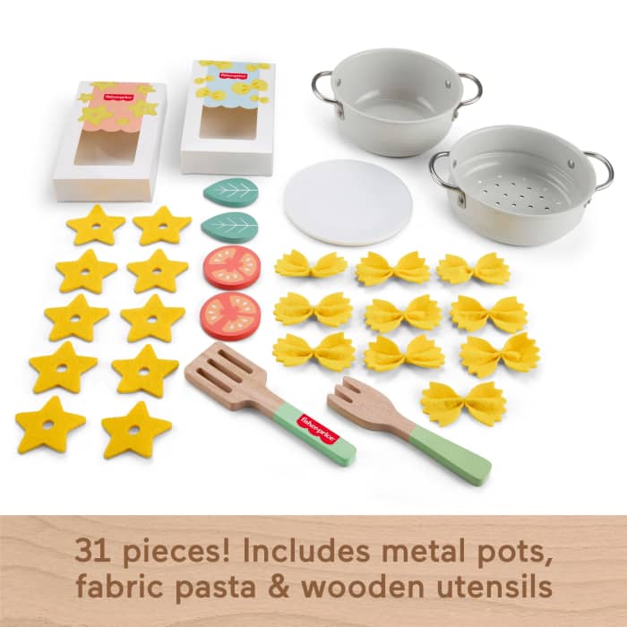 Hot Wheels Fisher-Price Pots & Pasta Chef Set Cooking Toy With Wooden Food For Pretend Play 31 Pieces