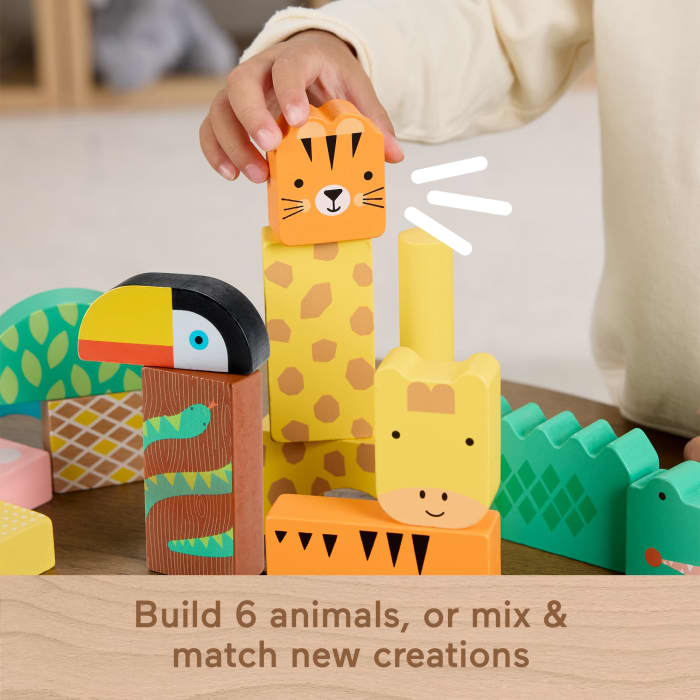 Hot Wheels Fisher-Price Wooden Jungle Blocks Animal-Themed Building Set For Toddlers 50 Wood Pieces