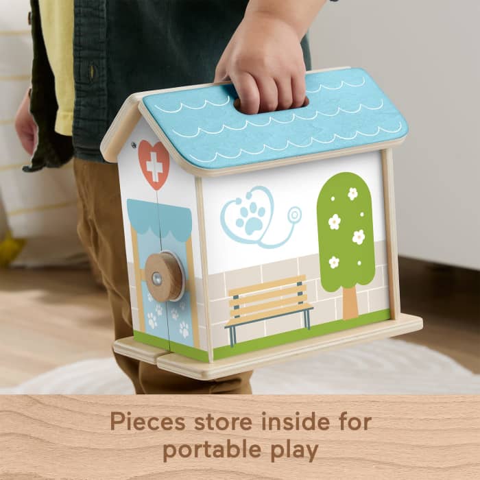 Hot Wheels Fisher-Price Wooden On-The-Go Pet Animal Hospital With 6 Play Pieces For Preschool Kids