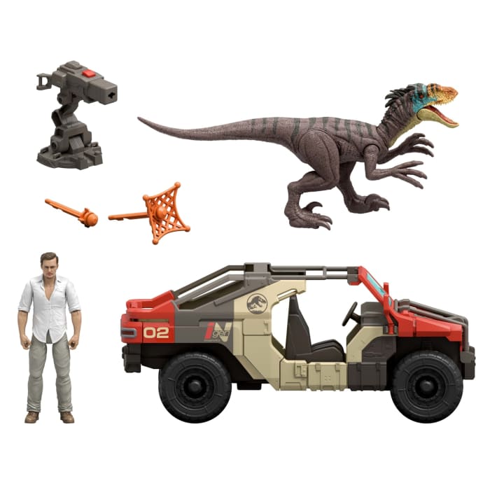 hot wheels Jurassic World Rebirth Launch ‘n Battle Vehicle With 1 Human & 1 Raptor Figure Turret & Projectiles