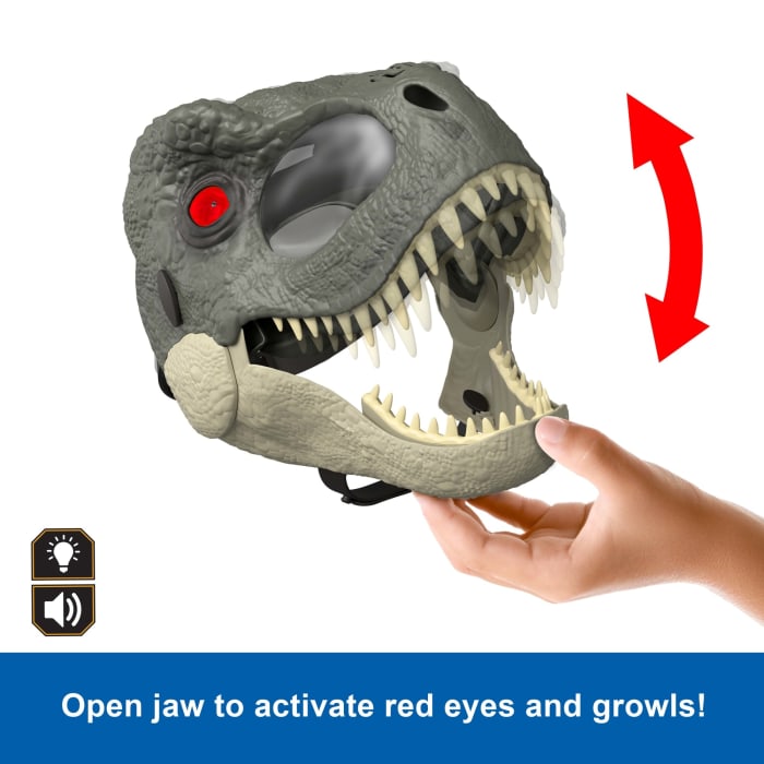 Hot Wheels Jurassic World Rebirth T-Rex Rage N Roar Mask With Led Light Up Eyes Feature 3 Level Effects