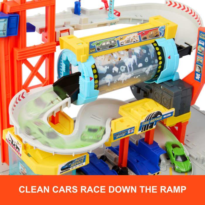 Hot Wheels Matchbox Spin Cyclone Car Wash Playset With 1:64 Scale Die-Cast Toy Corvette & Tow Truck