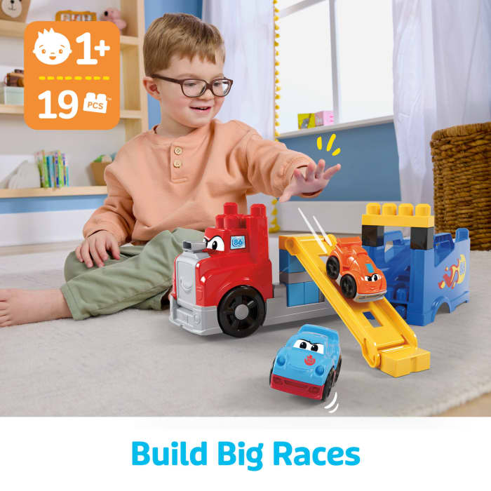 hot wheels MEGA BLOKS First Builders Build & Race Rig Toy Blocks (19 Pieces) For Toddler
