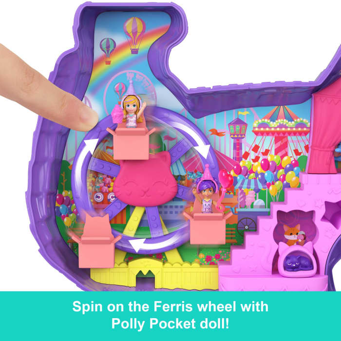Hot Wheels Polly Pocket Celebration Kitty Playset With 2 Micro Dolls 23 Surprise Accessories Including Pets Birthday Party With Ferris Wheel Ride