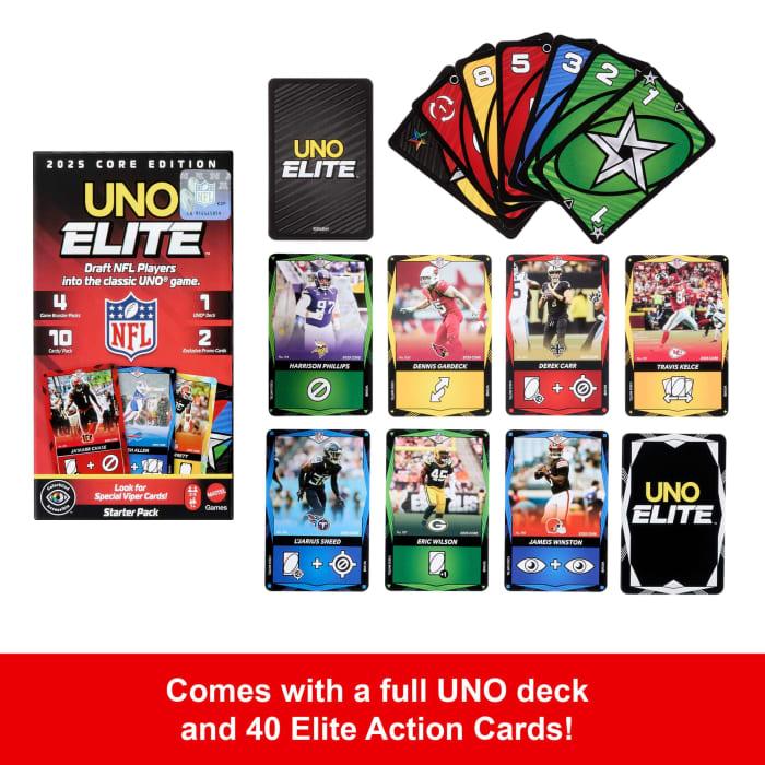 Hot Wheels UNO Elite NFL Card Game 2025 Core Edition Starter Set With Deck 4 Game Booster Packs & 2 Promo Cards