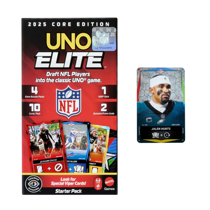 Hot Wheels UNO Elite NFL Card Game 2025 Core Edition Starter Set With Deck 4 Game Booster Packs & 2 Promo Cards