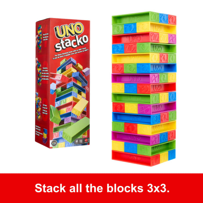 Hot Wheels UNO Stacko Game For Kids & Family With 45 Colored Stacking Blocks & Tray