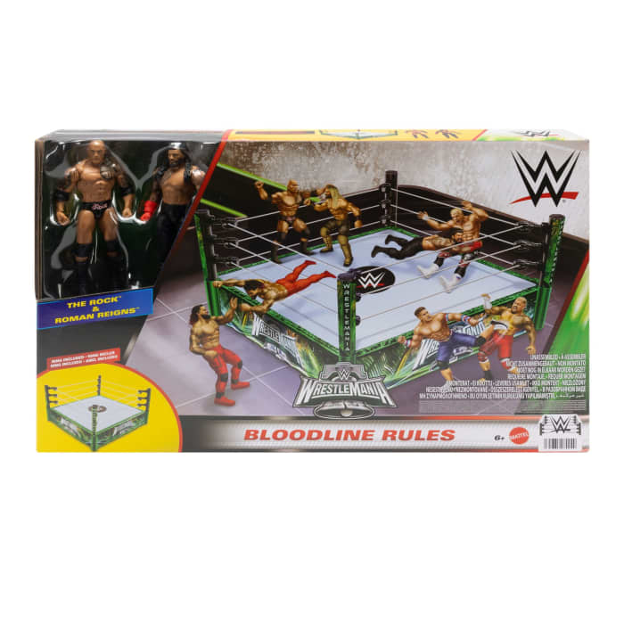 Hot Wheels WWE Bloodlines Rules Playset With Ring & 2 Action Figures Includes The Rock & Roman Reigns