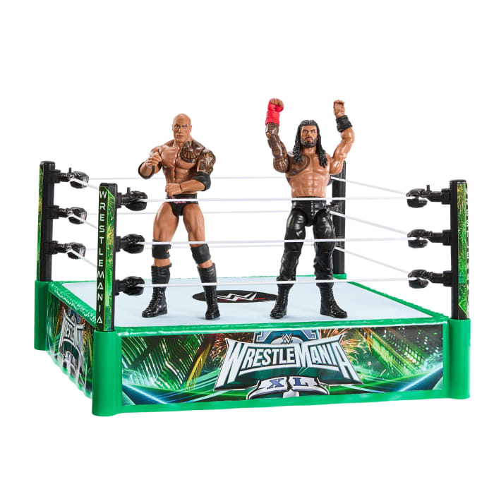 hot wheels WWE Bloodlines Rules Playset With Ring & 2 Action Figures includes The Rock & Roman Reigns