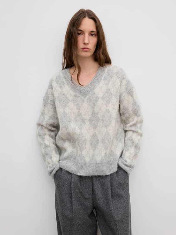 House Of Dagmar Knitwear Brushed Argyle Alpaca Knit Light Grey Off White