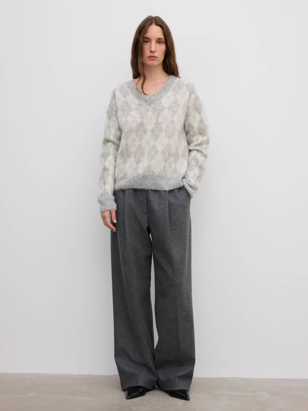 House Of Dagmar Knitwear Brushed Argyle Alpaca Knit Light Grey Off White