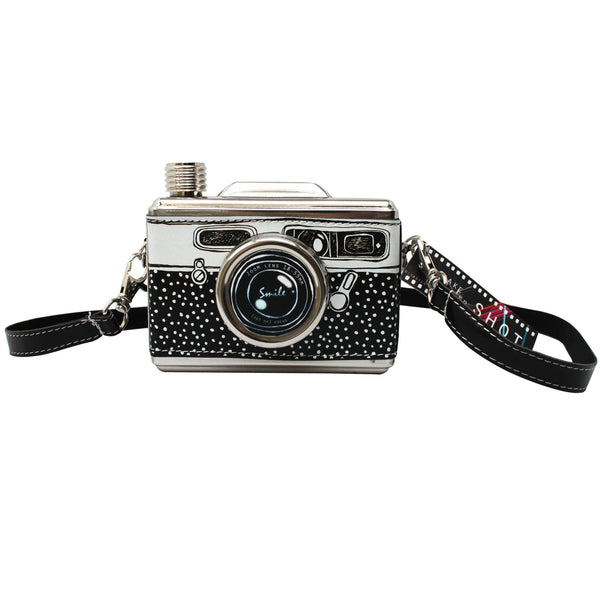 House Of Disaster Black And White Camera Hip Flask