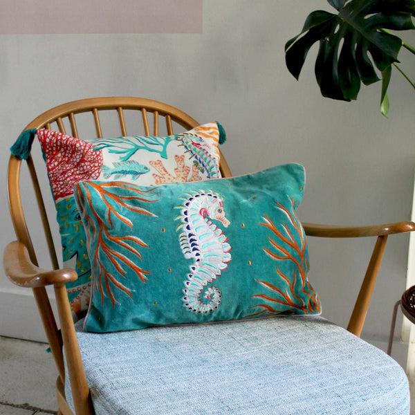House Of Disaster Coral Velvet Seahorse Cushion
