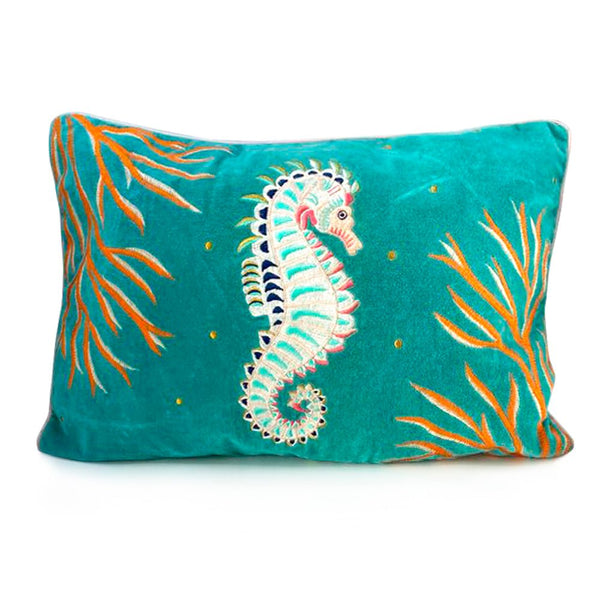 House Of Disaster Coral Velvet Seahorse Cushion