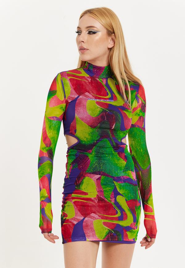 House Of Holland House Of Holland Abstract Multicolour Print Mini Dress With Cut Out Details