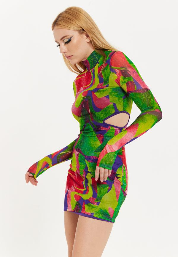 House Of Holland House Of Holland Abstract Multicolour Print Mini Dress With Cut Out Details