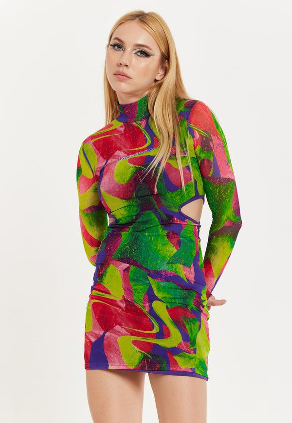 house of holland House Of Holland Abstract Multicolour Print Mini Dress With Cut Out Details