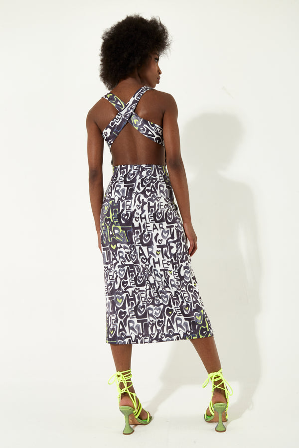 House Of Holland House Of Holland Abstract Print Midi Dress With An Open Crossed Back Detail