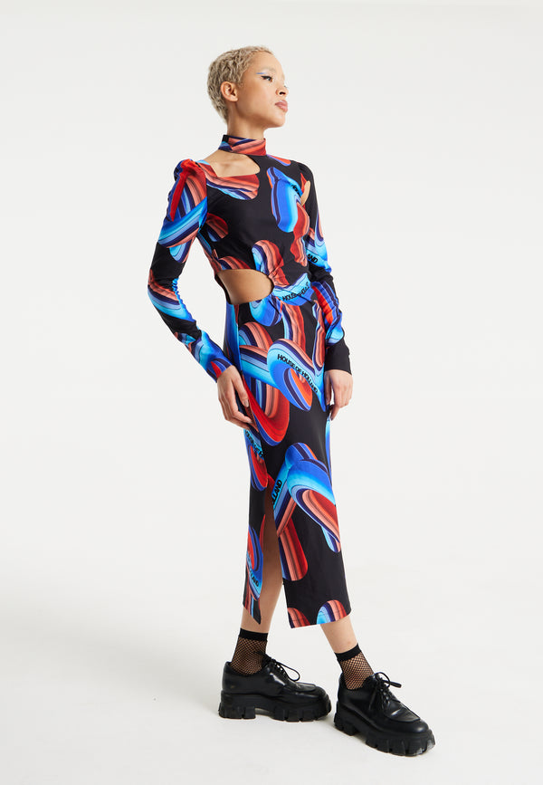 House Of Holland House Of Holland Abstract Print Midi Dress With Front Cut Out Detail
