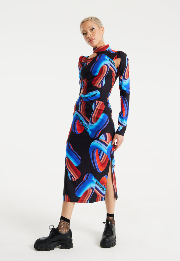 House Of Holland House Of Holland Abstract Print Midi Dress With Front Cut Out Detail