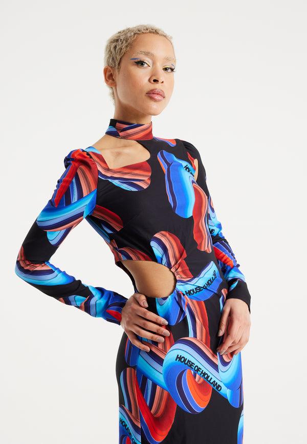 House Of Holland House Of Holland Abstract Print Midi Dress With Front Cut Out Detail