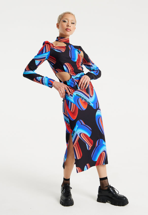 house of holland House Of Holland Abstract Print Midi Dress With Front Cut Out Detail