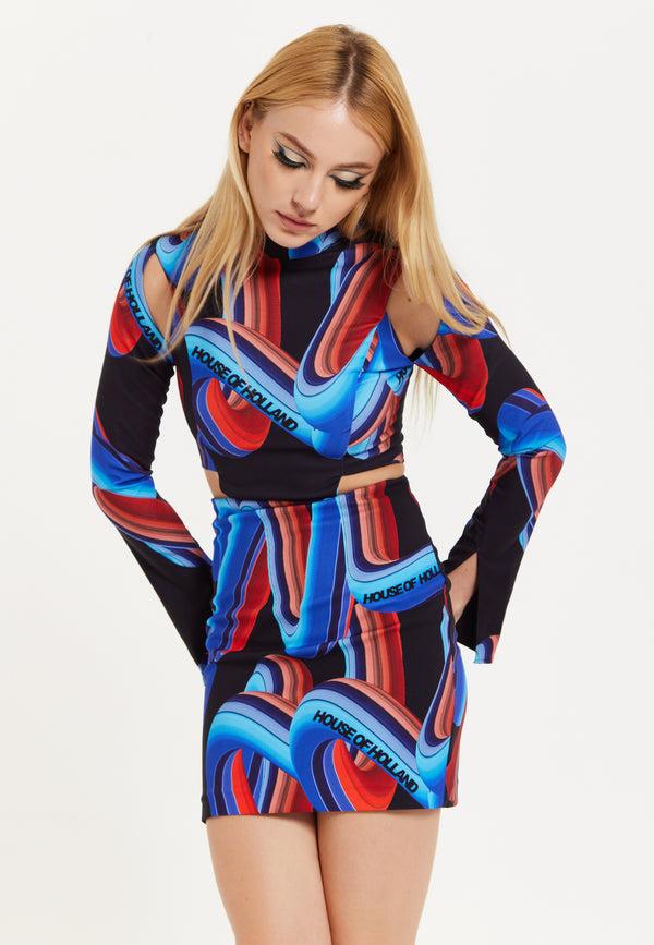 House Of Holland House Of Holland Abstract Print Mini Dress With Cut Out Details And Sleeve Slit