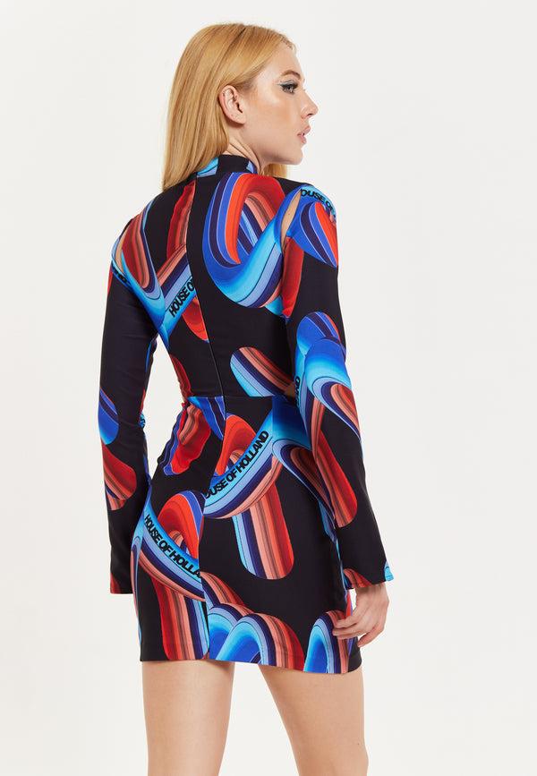 House Of Holland House Of Holland Abstract Print Mini Dress With Cut Out Details And Sleeve Slit