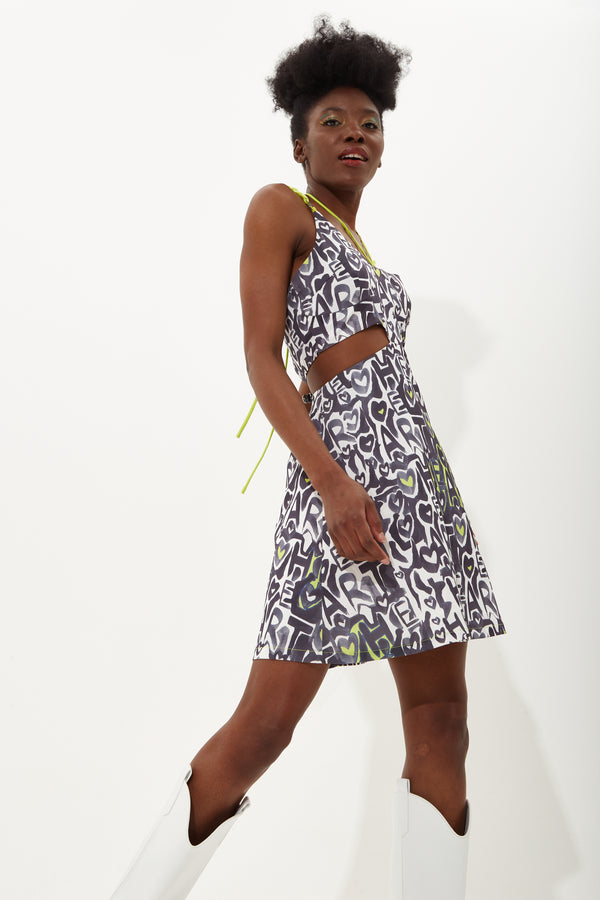 House Of Holland House Of Holland Abstract Print Mini Dress With Waist Cutouts With A Tie Neck And Chain Straps