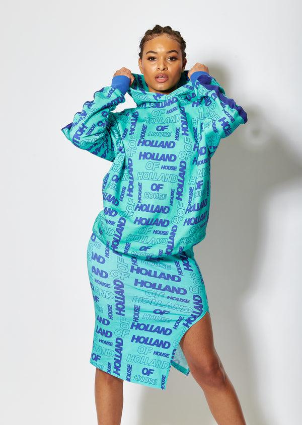 House Of Holland House Of Holland All Over Blue Monogram Printed Hoodie