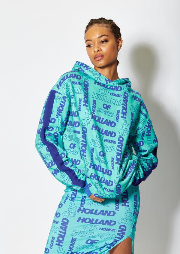 House Of Holland House Of Holland All Over Blue Monogram Printed Hoodie