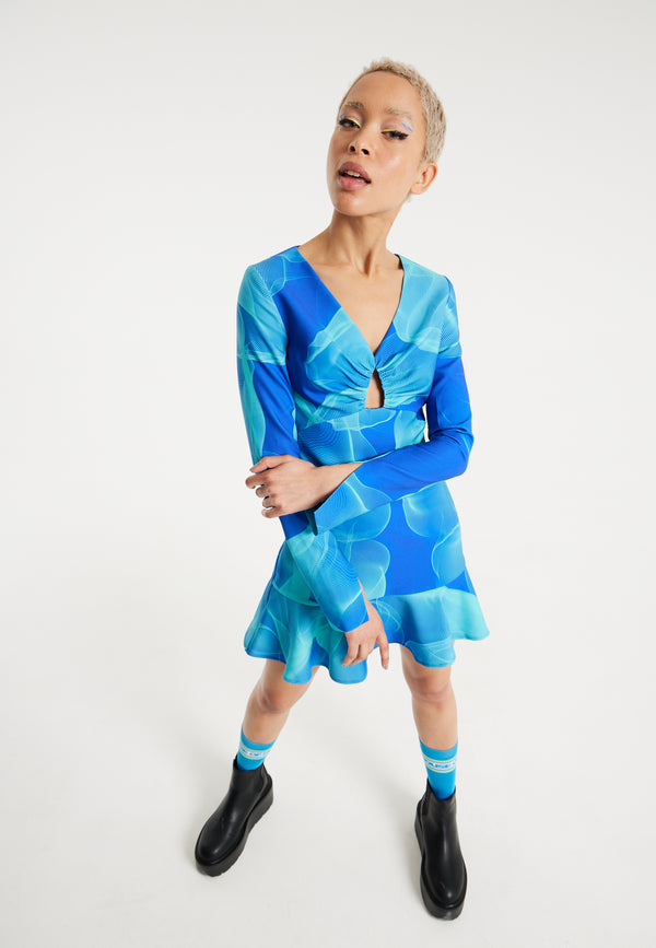 House Of Holland House Of Holland Aqua Mesh Abstract Wire Print Long Sleeve Dress With A Front Cut Out Detail