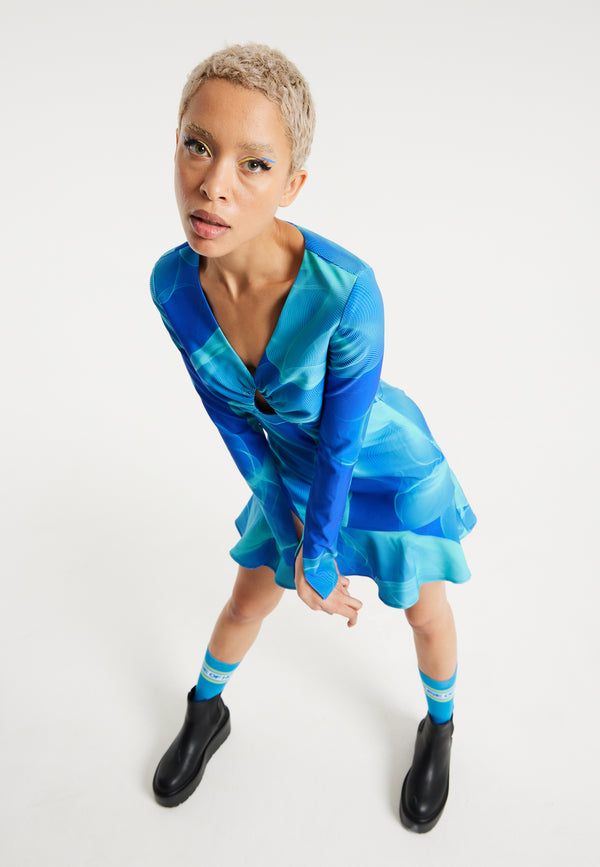 House Of Holland House Of Holland Aqua Mesh Abstract Wire Print Long Sleeve Dress With A Front Cut Out Detail