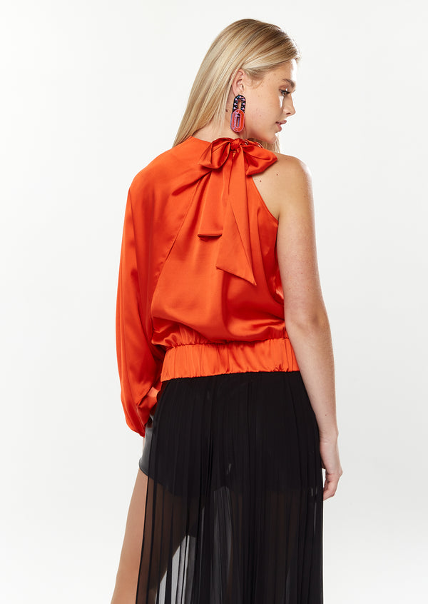 House Of Holland House Of Holland Asymmetric Voluminous Sleeve Top In Orange