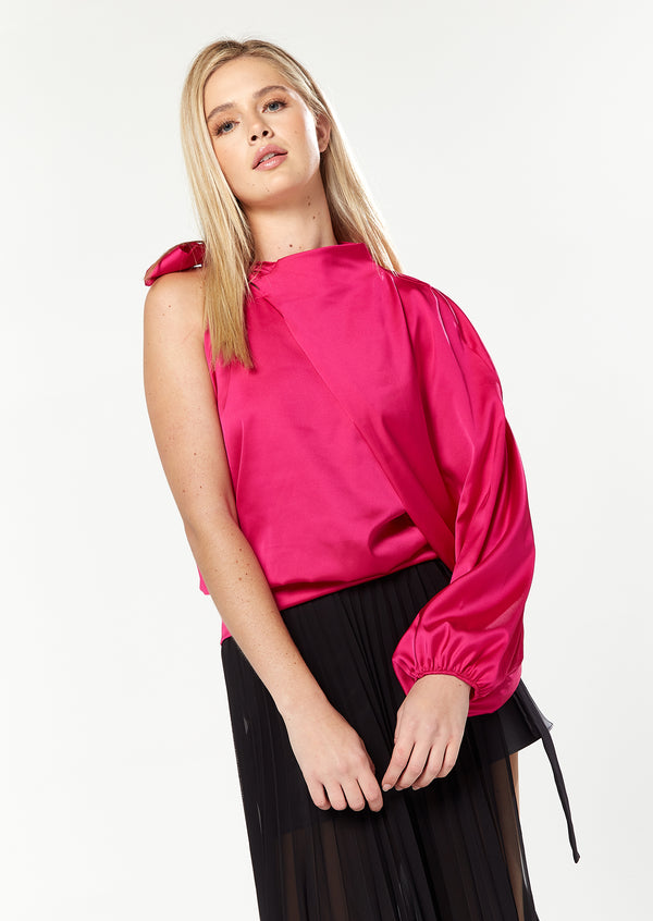 house of holland House Of Holland Asymmetric Voluminous Sleeve Top in Pink
