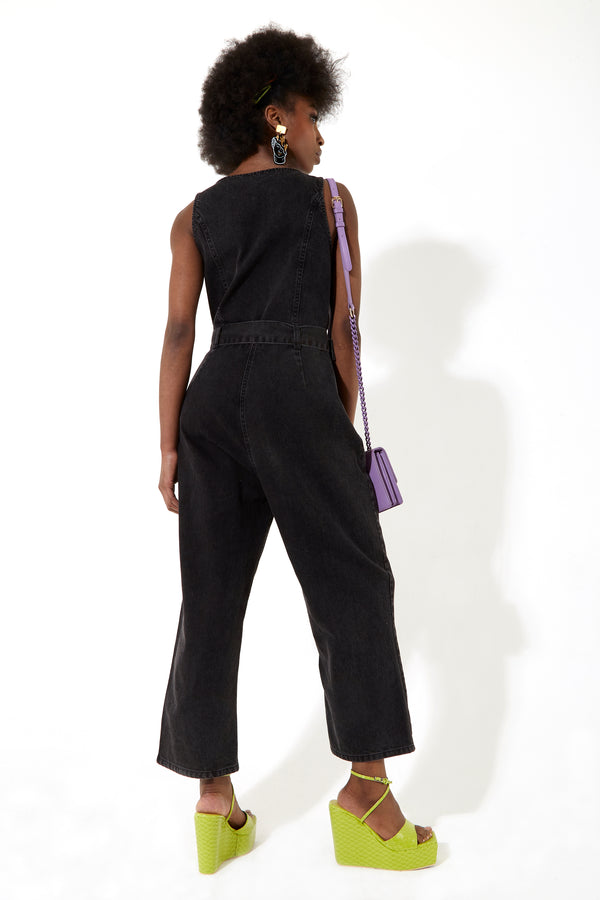 House Of Holland House Of Holland Black 90’s Look Denim Jumpsuit With A Belt And Tortoise Shell Buttons
