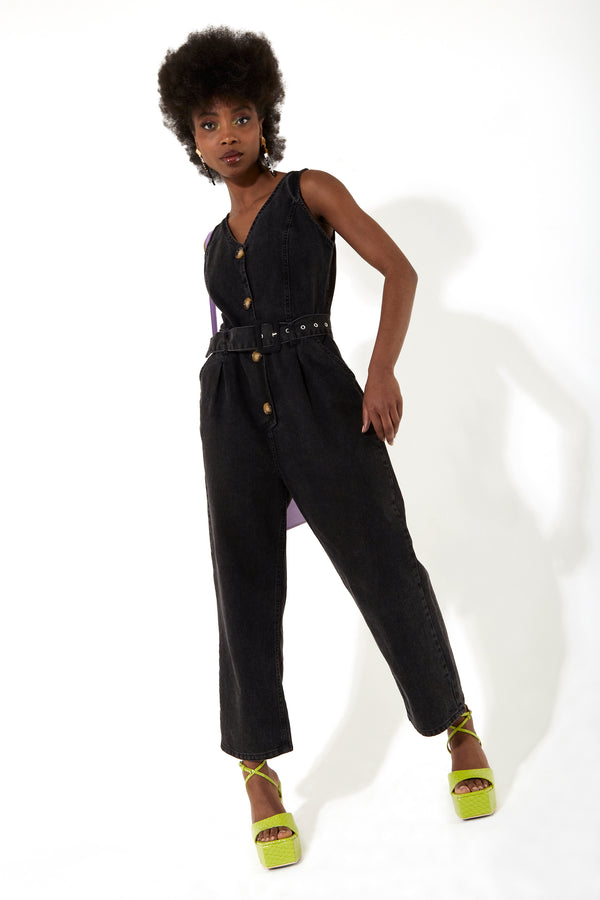 House Of Holland House Of Holland Black 90’s Look Denim Jumpsuit With A Belt And Tortoise Shell Buttons
