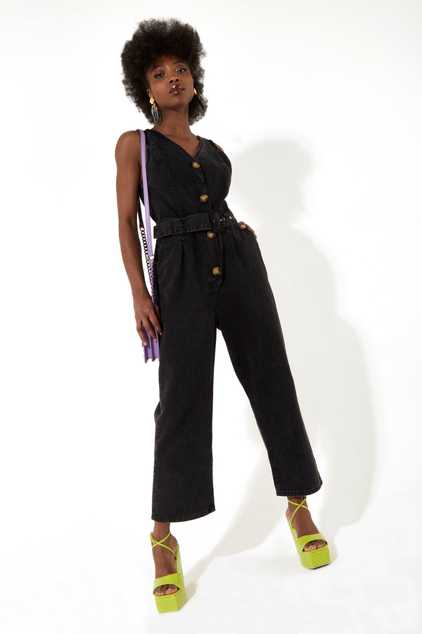 House Of Holland House Of Holland Black 90’s Look Denim Jumpsuit With A Belt And Tortoise Shell Buttons