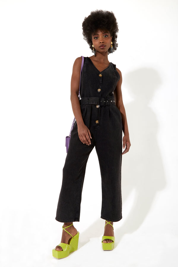 house of holland House of Holland Black 90’s Look Denim Jumpsuit With A Belt And Tortoise Shell Buttons house of holland House of Holland Black 90’s Look Denim Jumpsuit With A Belt And Tortoise Shell Buttons