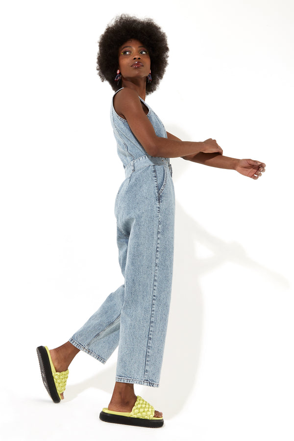 House Of Holland House Of Holland Blue 90’s Look Denim Jumpsuit With A Belt And Tortoise Shell Buttons