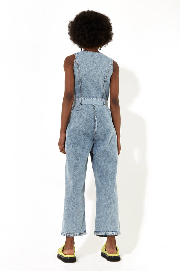 House Of Holland House Of Holland Blue 90’s Look Denim Jumpsuit With A Belt And Tortoise Shell Buttons