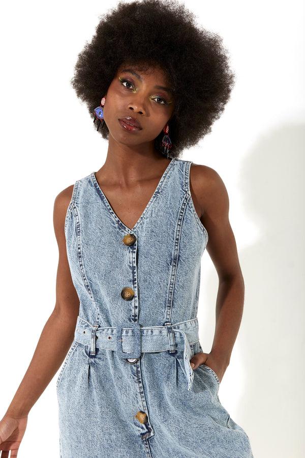 House Of Holland House Of Holland Blue 90’s Look Denim Jumpsuit With A Belt And Tortoise Shell Buttons