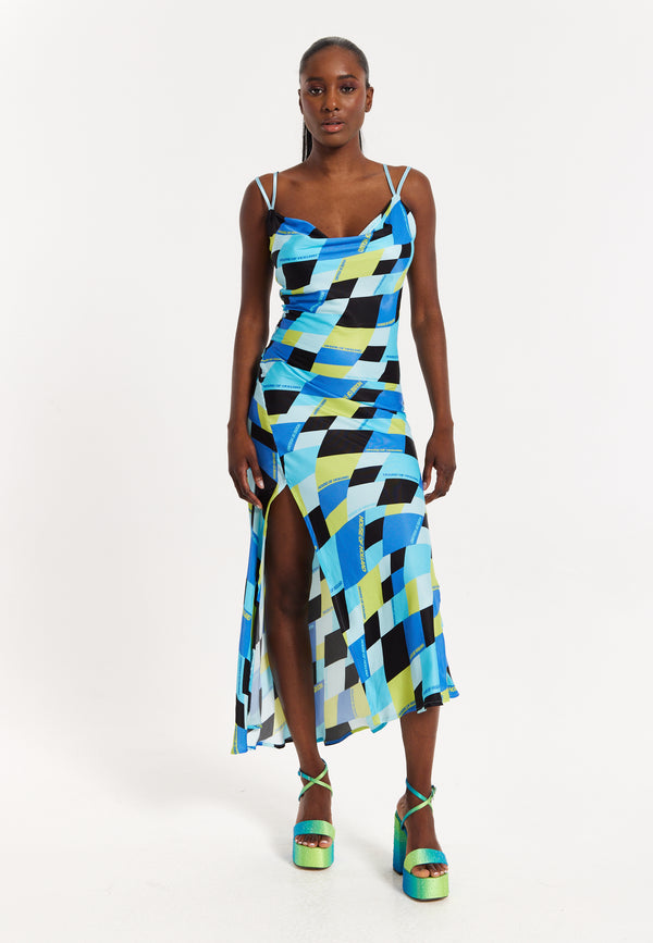 house Of Holland House Of Holland Blue And Black Printed Midi Dress With Cowl Neck