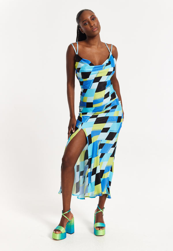 house Of Holland House Of Holland Blue And Black Printed Midi Dress With Cowl Neck
