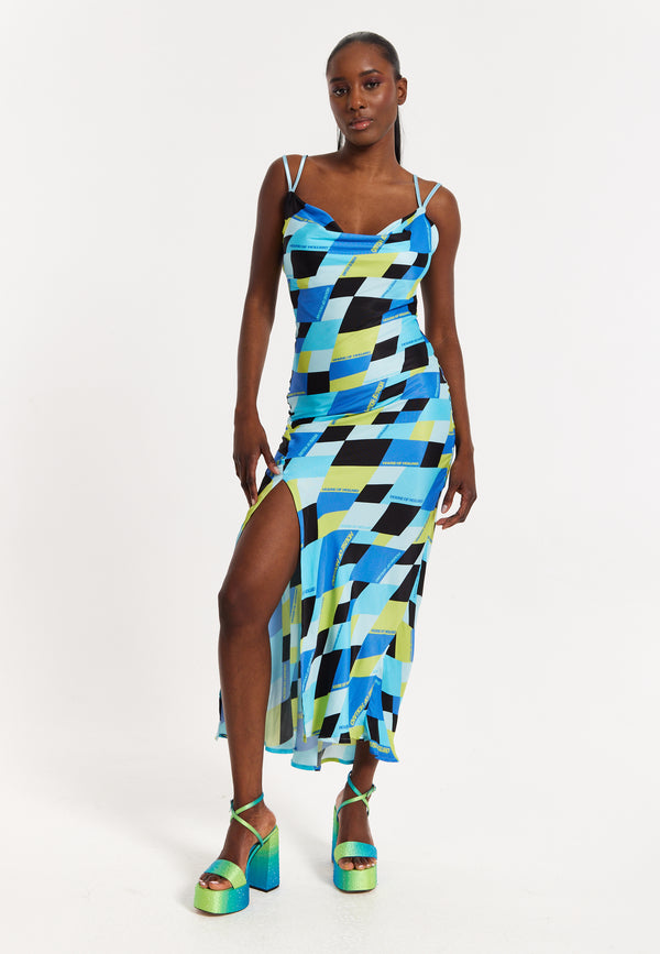 house of holland House Of Holland Blue And Black Printed Midi Dress With Cowl Neck