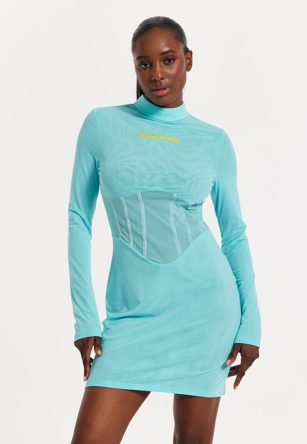 House Of Holland House Of Holland Blue High Neck Corset Mini Dress